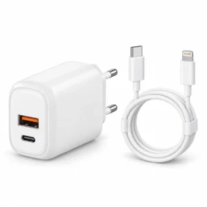 White EZRA dual-output wall charger with USB-C to Lightning cable