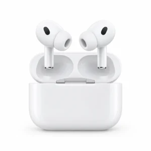 White AirPods Pro-style wireless earbuds with charging case on a white background