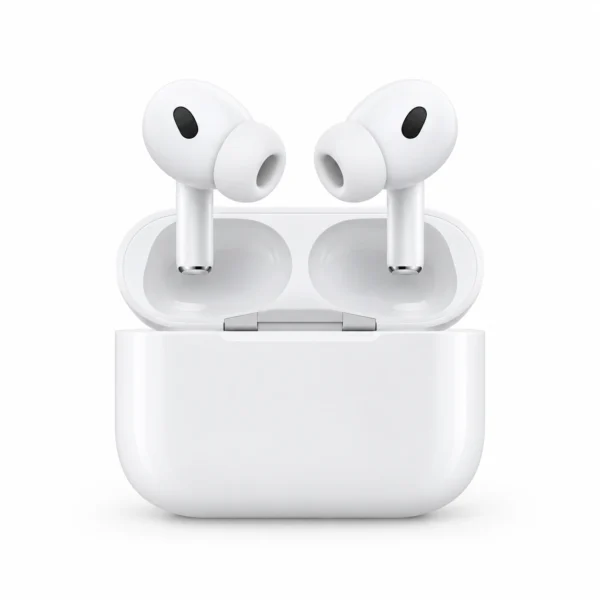 White AirPods Pro-style wireless earbuds with charging case on a white background