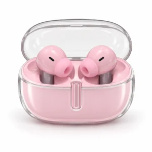 Pink EZRA wireless earbuds in a transparent charging case