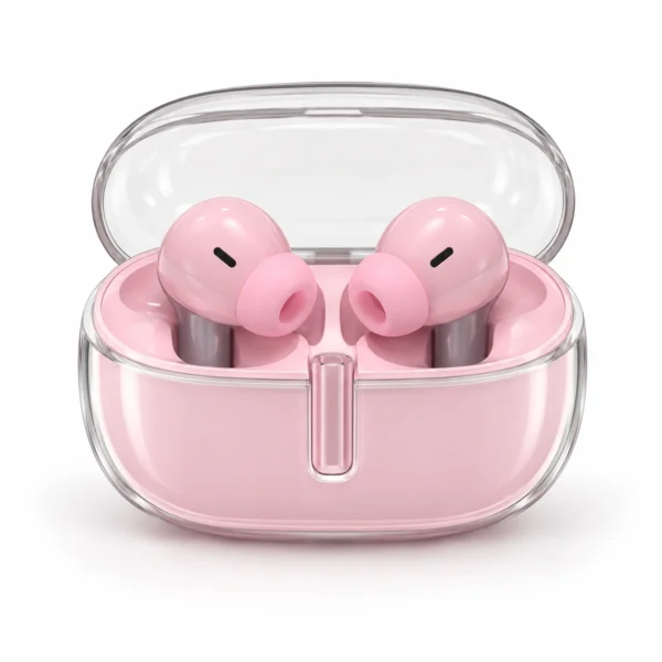 Pink EZRA wireless earbuds in a transparent charging case