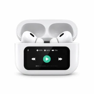 White EZRA TWS115 earbuds in charging case with touch control screen