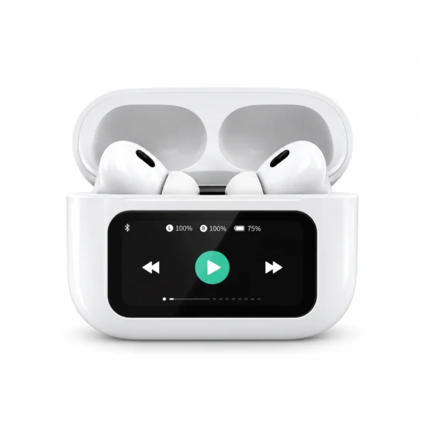 White EZRA TWS115 earbuds in charging case with touch control screen