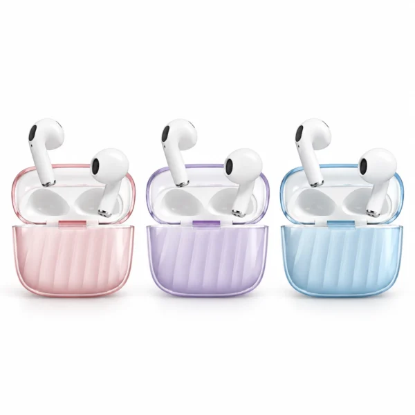 EZRA TWS130 wireless earbuds in pink, purple, and blue charging cases