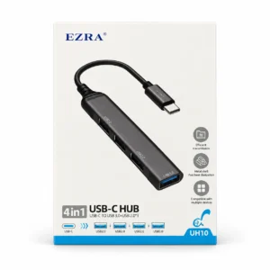 EZRA UH10 four-port USB-C hub retail box on a white background