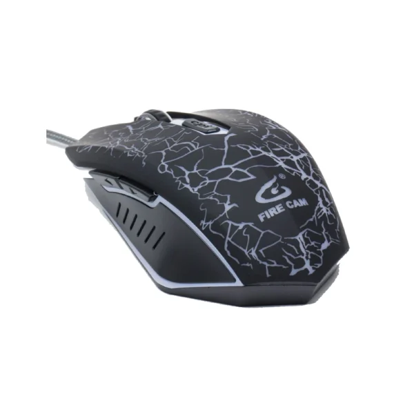 Luminous gaming mouse with a black crackle-pattern shell