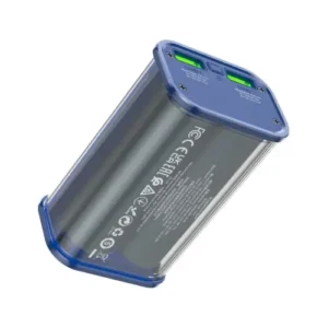 Transparent blue 10000mAh power bank with a digital display