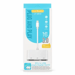 White 8-pin card reader adapter with SD, TF and USB ports