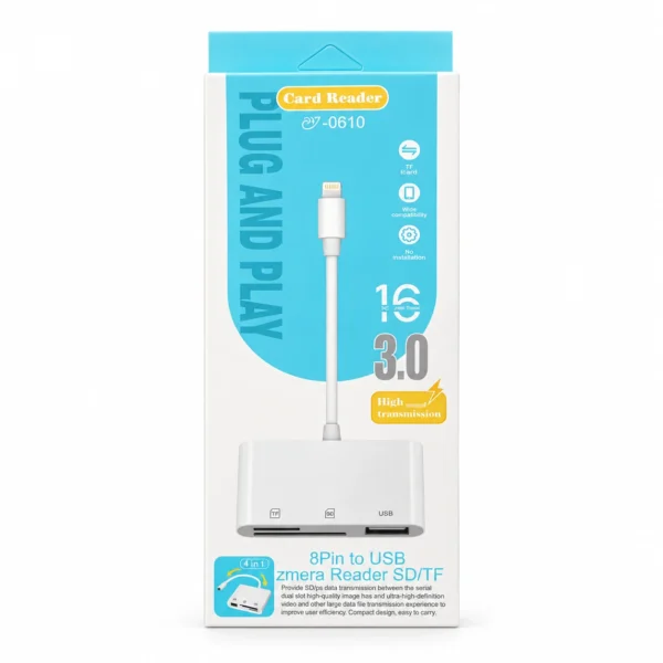 White 8-pin card reader adapter with SD, TF and USB ports