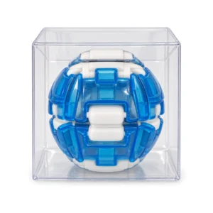 Blue and white press-and-spin toy in a clear display case