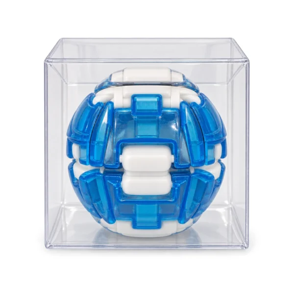 Blue and white press-and-spin toy in a clear display case