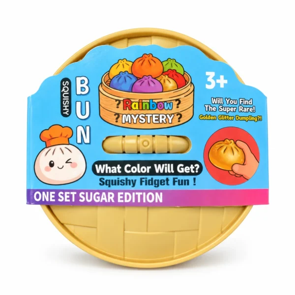 Rainbow Mystery squishy bun toy in a large basket-style package