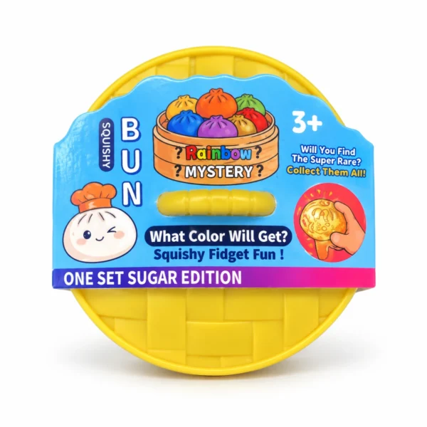 Rainbow Mystery squishy bun toy in a small yellow basket-style package